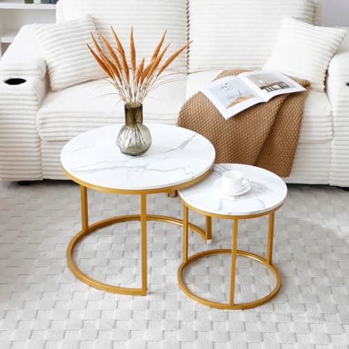 Nesting Coffee Table Set of 2, Modern Round Coffee Tables for Living Room with White Marble Tabletop, Gold Metal Frame and Non-Slip Feet, Circle Wooden Tables Side Table End Tables for Bedroom