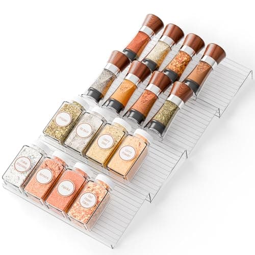 Yieach 4 Pack Adjustable Narrow Spice Rack for Drawer - Expandable From 9" to 17.7" - Acrylic Drawer Seasoning Organizer,Tiered Clear Spice Tray for Spices,Condiment,Nail Polish and Jar Organization