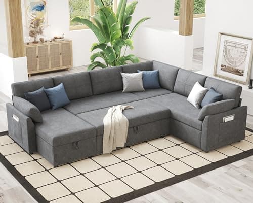 VanAcc Sleeper Sofa, 112 Inch Pull Out Sofa Bed with Storage Chaise & 3 Seater, Oversized U Shape Sectional Couch with Pull out Bed, Grey Linen Couch
