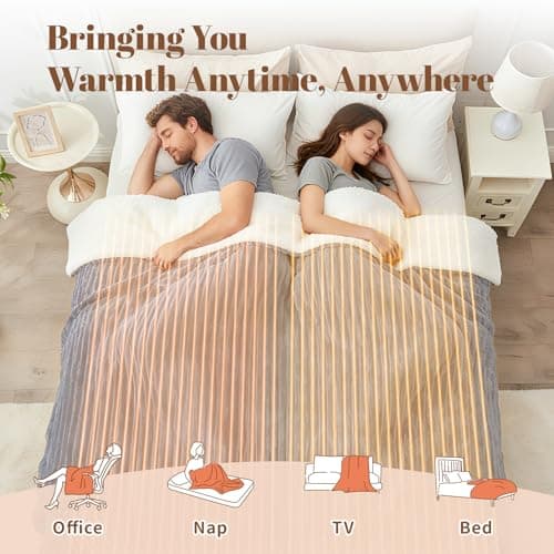 Easthome Electric Heated Blanket Queen Size Dual Control - 84"x90" Fast Heating Bed Blankets with 6 Heating Levels & 10 Hours Auto Off, Soft Ribbed Flannel, Over-Heat Protection ETL, Light Gray 7