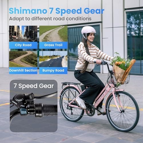 RegalRider Electric Bike for Adults, 1000W Peak 70Miles + 20MPH Step Thru Electric Bike, Commuter E-Bike with Removable Battery, Dual Brake(Lockable), Detachable Foldable Basket(TUV & UL2849), Pink 7