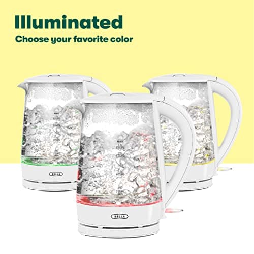 BELLA 1.7 Liter Glass Electric Kettle, Quickly Boil 7 Cups of Water in 6-7 Minutes, Soft Red LED Lights Illuminate While Boiling, Cordless Portable Water Heater, Carefree Auto Shut-Off, White 6