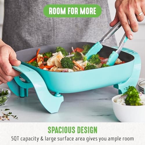 GreenLife 12" 5QT Square Electric Skillet, Glass Vented Lid, Ceramic PFAS-Free Nonstick Interior, Adjustable Temperature Control, Cool Touch Handles, Quick Even Heating, Scratch Resistant, Turquoise 5