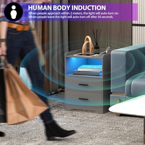 dnbss Grey Night Stand with Wireless Charging Station, Nightstand with 2 Drawers, Smart Bedside Table with 24-Color RGB Lighting, Modern LED Lighted Nightstand for Bedroom 7