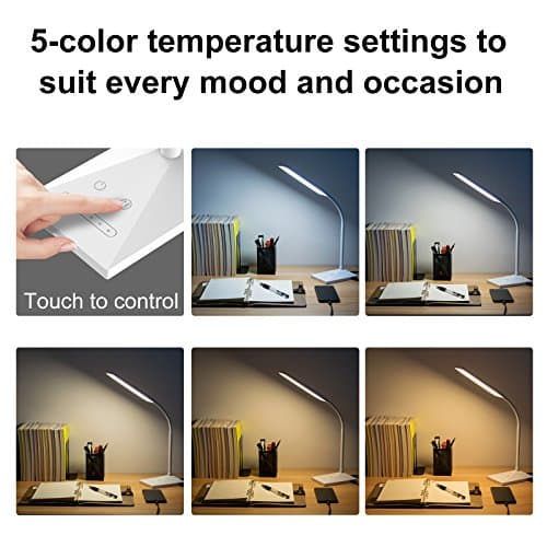 RAOYI LED Desk Lamp, 12W Dimmable Table Lamp Eye-Caring Reading Light with USB Charging Port Touch Control 5 Color Modes 7-Level Brightness Adjustable for Office Home Bedroom (White) 5