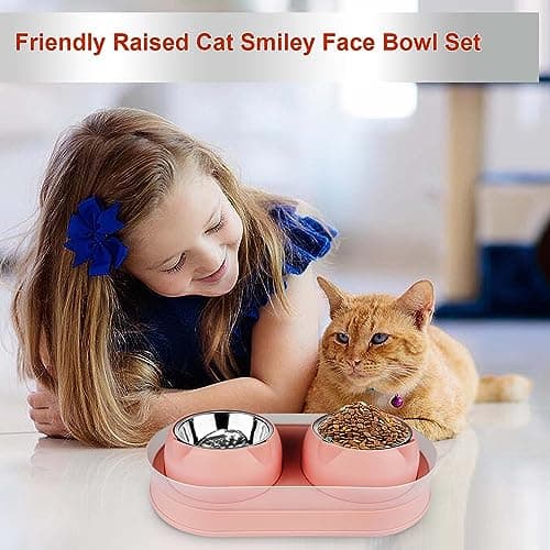 KEVIDEAWL Elevated Cat Food Bowls, Raised Cat Bowl with Stand Stainless Steel, Tilted Bowls Anti Vomiting, Double Cats Food and Water Bowl Set for Cats (Pink) 5