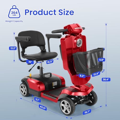 Wooken Mobility Scooter for Seniors, Adults, 4 Wheels Powered Mobility Scooter, 264 lbs All Terrain Foldable Powered Mobility Scooter,Compact Heavy Duty Mobility for Travel,12.1 Miles Range,Red 7