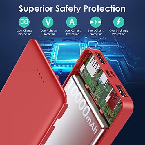 [2 Pack] Portable Charger Power Bank 10000mAh,Ultra Slim Compact External Battery Pack with USB C Input & Dual USB Outputs Backup Charger Compatible with iPhone 13,12, Samsung S20,Tablet-Black+Red 3