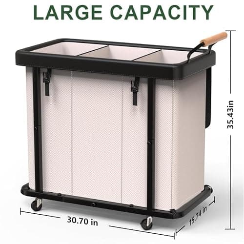230L (60 Gal) Extra Large Fashion Laundry Sorter 3 Section with Lid, Rolling Laundry Basket Hamper with Handle, Laundry Organizer Storage Cart with Sturdy Metal Frame for Laundry Room, Hotel, White 6