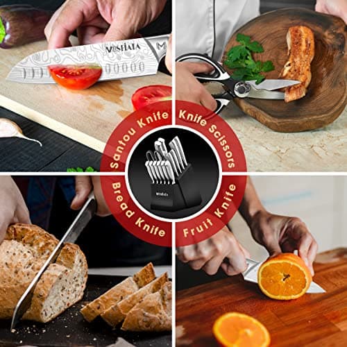 MOSFiATA Japanese Stainless Steel Knife Set, 17 Pcs with Block, Knife Sharpening Rod, Dishwasher Safe, Dad Birthday Gift 7