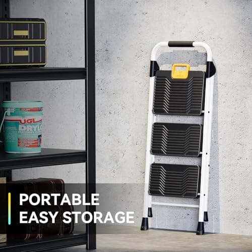 KINGRACK 3 Step Folding Ladder, 800lbs Capacity Step Stool with Safety Lock, Non-Skid Wide Pedals, and Handrail, Lightweight, Household Ladder for Home, Kitchen, Pantry, Closets, and Office Use, White 6