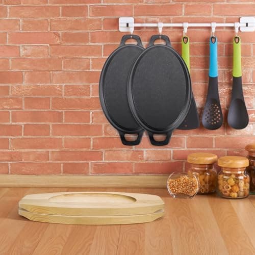 Mezchi 4 Pack Mini Cast Iron Fajita Skillet Set, 8.5 x 6.1 Inch Sizzling Plate with Wooden Base, Small Oval Casserole Dishes, Cast Iron Pizza Baking Steak Pan for Stove, Oven, Grill 6