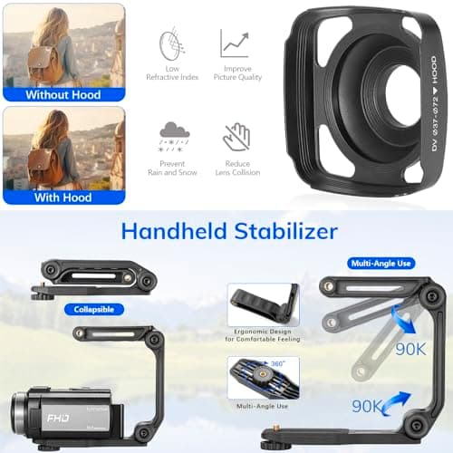 Camcorder FHD 1080P Video Camera for YouTube with 30FPS 36MP 3.0 Inch 270 Degree Rotation LCD, 16X Digital Zoom Vlogging Camera for Beginners with 2 Batteries Microphone, Remote, Stabilizer, Lens Hood 6