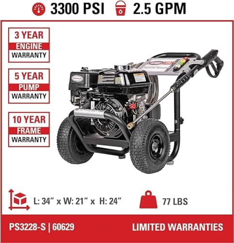 SIMPSON Cleaning PS3228 PowerShot 3300 PSI Gas Pressure Washer, 2.5 GPM, Honda GX200 Engine, Includes Spray Gun and Extension Wand, 5 QC Nozzle Tips, 5/16-inch x 25-foot MorFlex Hose, 49-State 4