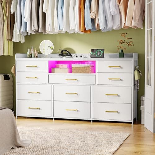 EnHomee Dresser TV Stand with 11 Drawers, 60" TV Stand with LED Lights & Power Outlets, White Dresser for Bedroom with Shelves & 5 Hooks for Dorm, Hallway