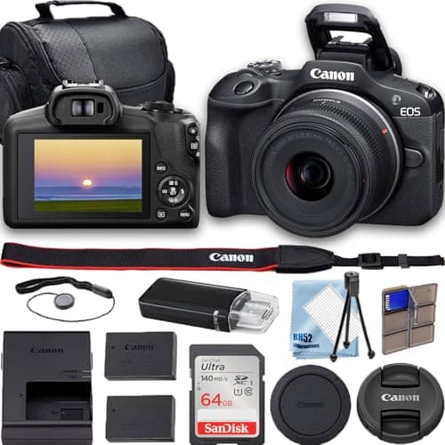 Canon EOS R100 4K Video Recording Mirrorless Camera with 18-45mm Lens + 64GB Fast Memory + Deluxe Accessory Bundle (Renewed)