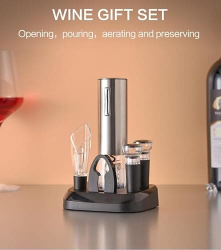 Electric Wine Opener Set (6-in-1) Include: Rechargeable Electric Wine Opener, Foil Cutter, Tulip Wine Aerator & Pourer, Wine Stopper*2, Charging Base & Cable, Manual Book, Color Box. 6