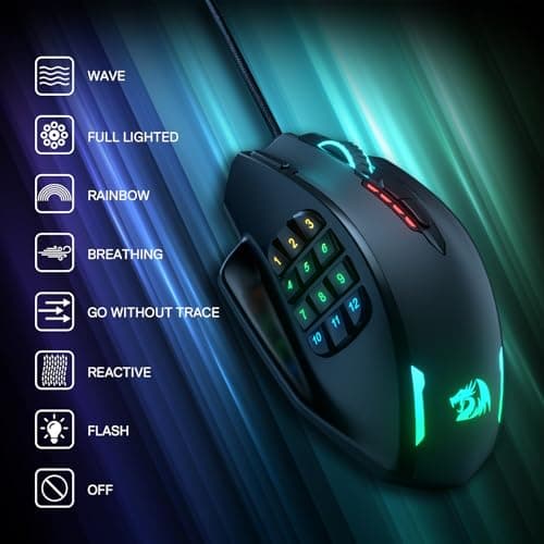 Redragon M908 Impact RGB LED MMO Gaming Mouse with 12 Side Buttons, Optical Wired Ergonomic Mouse with Max 12,400DPI, High Precision, 18 Programmable Macro Shortcuts, Comfort Grip 9