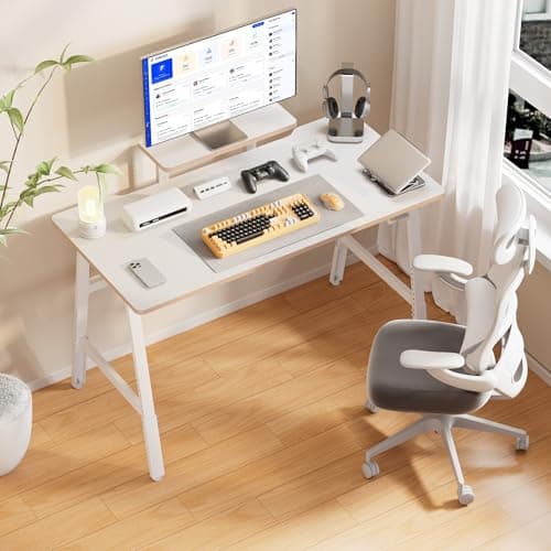 UPGRAVITY Height Adjustable Computer Desk - 47" Gaming Desk, Small Home Office Desk with Monitor Stand, Modern Simple Table Study Writing Work, Living Room Home Bedroom PC Table, Metal Frame, White