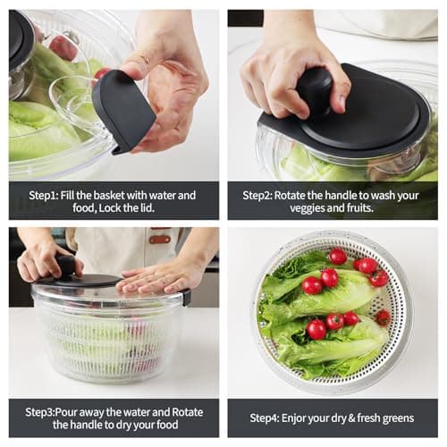 Cambom Salad Spinner Lettuce Spinner, Wash, Spin & Dry Salad Greens, Vegetable Washer Salad Dryer With Rotary Handle for Fruits & Vegetables, High Efficiency Vegetable Spinner Kitchen Gadget 3Qt Black 7