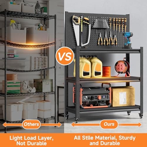 TOPASS Workbench with Pegboard, Adjustable Heavy Duty Work Table with Wheels, Heavy Duty Workstation, Metal Tool Work Bench for Garage Warehouse Workshop, 48" H x 18" D x 34" W, Black 6