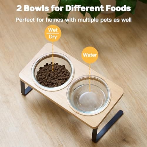 Lawfery Elevated Cat Bowls, 15° Tilted Cat Food Bowl, Includes 2 Glass Bowls, Bamboo Board, and Metal Stand for Cats and Puppies 5