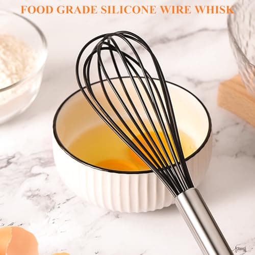 NileHome Whisk Commercial Whisks Stainless Steel & Silicone Non-Stick Coated Small Whisk Set 8" 10" 12" Kitchen Wisk Wire Whisks for Cooking 3 Pack, Black 6
