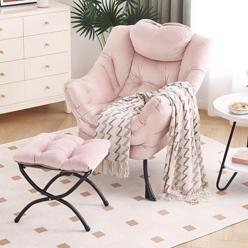 Furlide Lazy Chair with Ottoman, Modern Chair with Folding Footrest, Velvet Pink Accent Chair, Comfortable Reading Chair, Oversized Armchairs for Bedroom, Study, Living Room, Courtyard