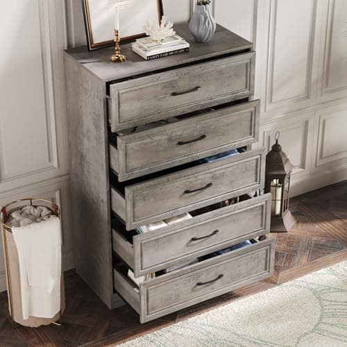 Fameill Dresser for Bedroom, 5 Drawer Tall Dresser Organizer, TV Stand for Livingroom, Chest of Drawers with Metal Handles, Ash Grey