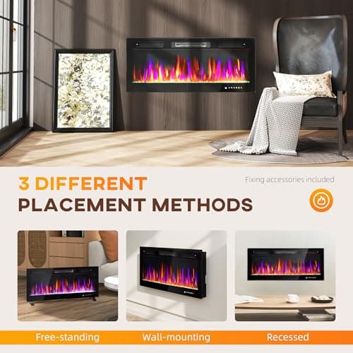 HOMCOM 42" Electric Fireplace Recessed and Wall Mounted, Freestanding with Remote, 750W/ 1500W Ultra-Thin Fireplace Heater and Linear Fireplace with Timer, Adjustable Flame Effect, Crystal, Black 5