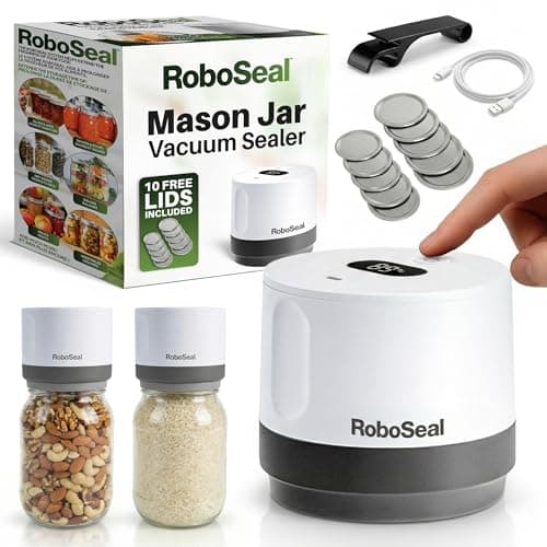 RoboSeal Rechargeable Mason Jar Vacuum Sealer for Mason Jars Wide & Regular Mouth, One Touch Operation, 50 Jar Lids and Jar Opener Included, Digital Battery Indicator, Preserves Foods 5x Longer