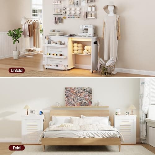 Lvifur Folding Sewing Table - with Storage, Lighted Sewing Cabinet with Charging Station, Farmhouse Sewing Desk with Motion Sensor Lights, Cutting Table with 3 Storage Trays,6 Wheels,White 7