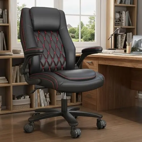 lavimiya Executive Office Chair with Rubber Wheels, Big and Tall Office Chair 400LBS, High Back Leather Computer Desk Chair with Flip-up Armrests and Lumbar Support, Black