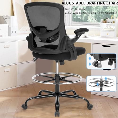 Drafting Chair, Ergonomic Standing Desk Chair with Flip-up Armrests, Tall Office Chair for Standing Desk, Counter Height Office Chairs with Footrest and Adjustable Lumbar Support 5