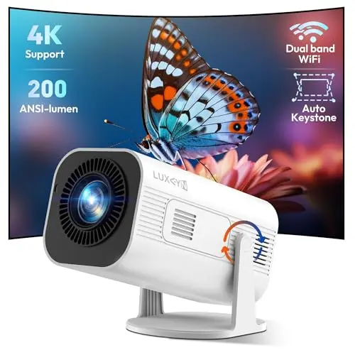 Mini Smart Projector LUXVYN V1 Portable Projector with WiFi and Bluetooth 200 ANSI 4K Support HD Resolution, Auto Keystone Correction Video Projector, 180° Rotatable Stand for Home Movie Pure white