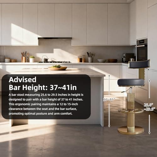 Bar Chair,Bar Stools, Island Height Bar Stools with Gold Stainless Steel Frame, Adjustable Height Swivel Barstools, Comfortable Leather Seat Cushion for Kitchen Counter, Islands Counter, Bars (Black) 9