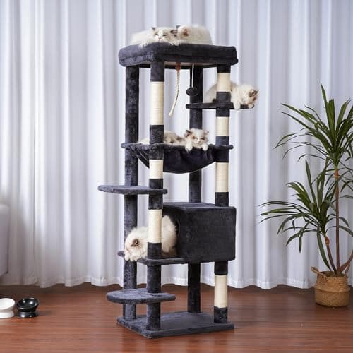 Heybly Cat Tree for Large Cats 20lbs Heavy Duty, 60 inches XXL Cat Tower for Indoor Cats, Multi-Level Furniture Condo with Big Padded Plush Perch, Cozy Basket, Smoky Gray HCT050G 5