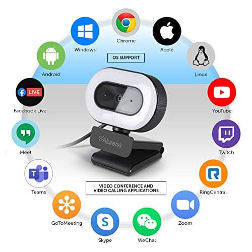 Aluratek 1080p HD Webcam with Ring Light, Auto Focus and Directional Noise Cancelling Mic, Universally Compatible, LED Adjustable Ring Light 8