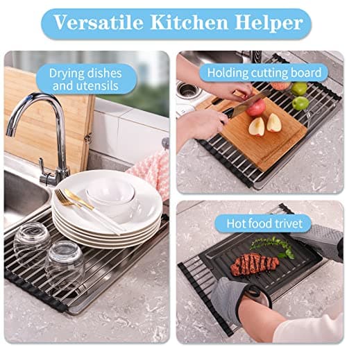 Seropy Roll Up Dish Drying Rack Over The Sink Drying Rack for Kitchen Counter, Rolling Dish Rack Over Sink Mat, Foldable Dish Drainer Stainless Steel Rack Kitchen Organization Gadgets 17.5"x11.8" 8
