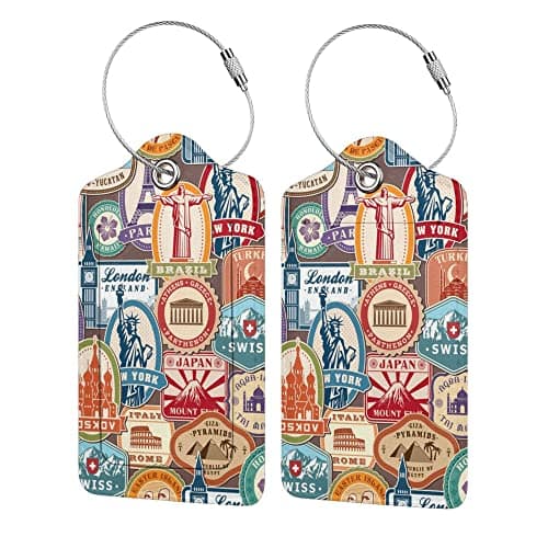 2 Pack Landmark Sticker Luggage Tags for Suitcases Women Men Kids, Bag Tags for Leather Luggage with Waterproof Suitcase Tags Privacy Cover Name ID Label Steel Loop for Travel Bag Suitcase