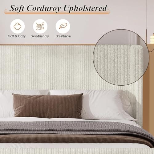 Nonlita Queen Size Corduroy Upholstered Platform Bed Frame with Tufted Headboard and Footboard, No Box Spring Required, Easy to Assemble (Cream, Queen) 4