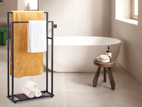 Towel Racks for Bathroom, 39'' Tall 2 Tier Bathroom Towel Stand with Storage Shelves, Modern Standing Pool Drying Rack for Outdoor, Black, ALHAKIN 6