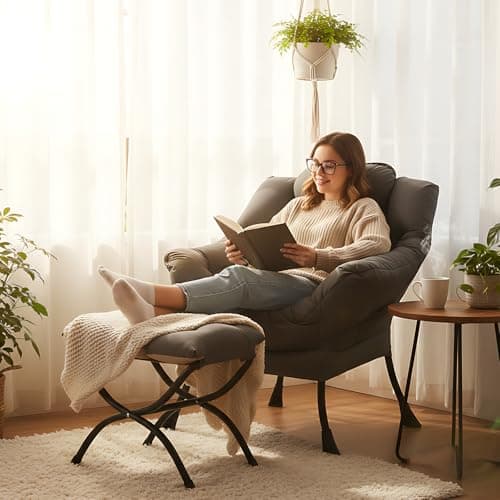 MBOOYOME Lazy Chair with Ottoman, Modern Accent Lounge Armchair with Armrests and a Side Pocket & Foldable Footstool, Leisure Reading Chair for Living Room, Bedroom, Dorm & Office, Dark Grey 8