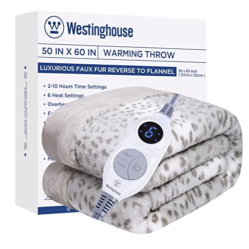 Westinghouse Heated Throw Blanket, Grey Leopard Electric Throw Blanket, Luxury Faux Fur to Flannel Reversible, 6 Heating Levels & 2-10 Hours Time Setting, Machine Washable(Throw, 50"x60")