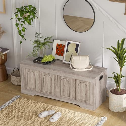 DINZI LVJ Storage Chest, 47.2" Rattan-Like Toy Box with 2 Safety Hinges, Wooden Entryway Storage Bench with Flip-Top, Large Trunk for Living Room, Bedroom, Easy Assembly, Greige 6