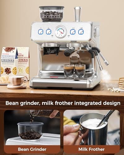 COWSAR Commercial Espresso Machine 20 Bar, Semi-Automatic Espresso Maker with Bean Grinder & Milk Frother Steam Wand, Removable Water Reservoir, Self-Cleaning, Ideal for Cappuccino, Stainless Steel 5