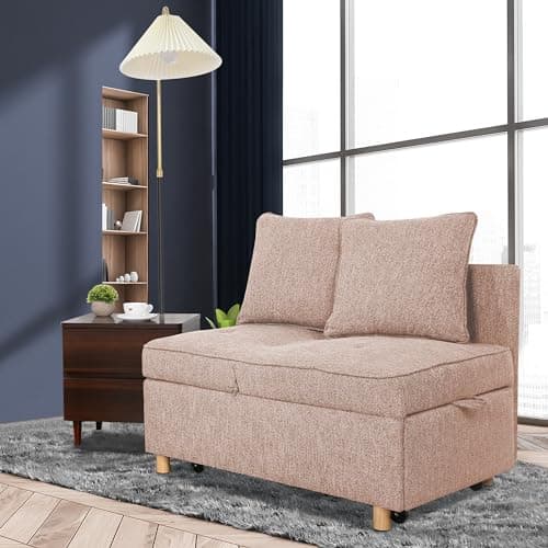 SEJOV 71" Convertible Couch Bed, Brown Wood Loveseat Sofa, Adjustable Couch Sleeper with Pull Out Bed, Modern Linen Fabric Space-Saving Sofas for Living Room, Apartment and Office,Light Brown