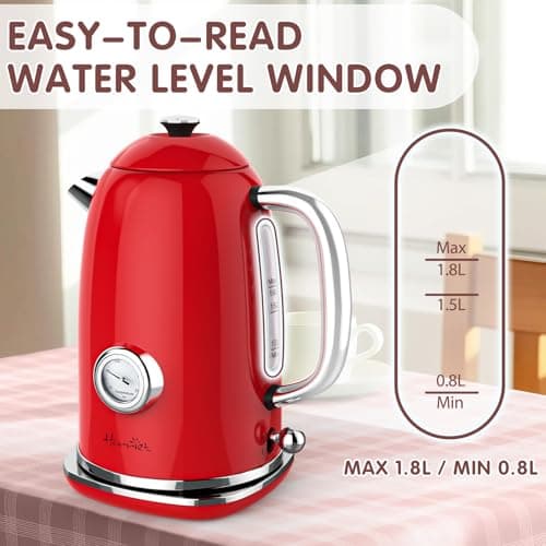 Electric Kettle, 1.8L Hot Water Boiler Electric with Thermometer, 1500W Stainless Steel Retro Electric Water Kettle, Auto Shut-Off & Boil Dry Protection, Red 6
