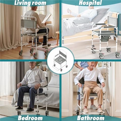 Littneo Bedside Commode with Wheels, Shower Wheelchair with 300 LBS Weight Capacity, Portable Toilet with Bucket for Elderly and Disabled 7
