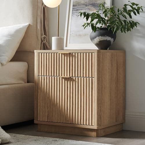 T4TREAM 23'' Fluted Nightstand with Charging Station, Large 2 Drawer Bedside Table, Modern End Table with Storage, Mid Century Night Stand for Bedroom, Living Room, Curved Profile, Natural Oak